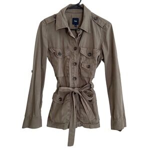 Gap 2000s Y2K Jacket Size Small Olive Green Belted Military Utility Style